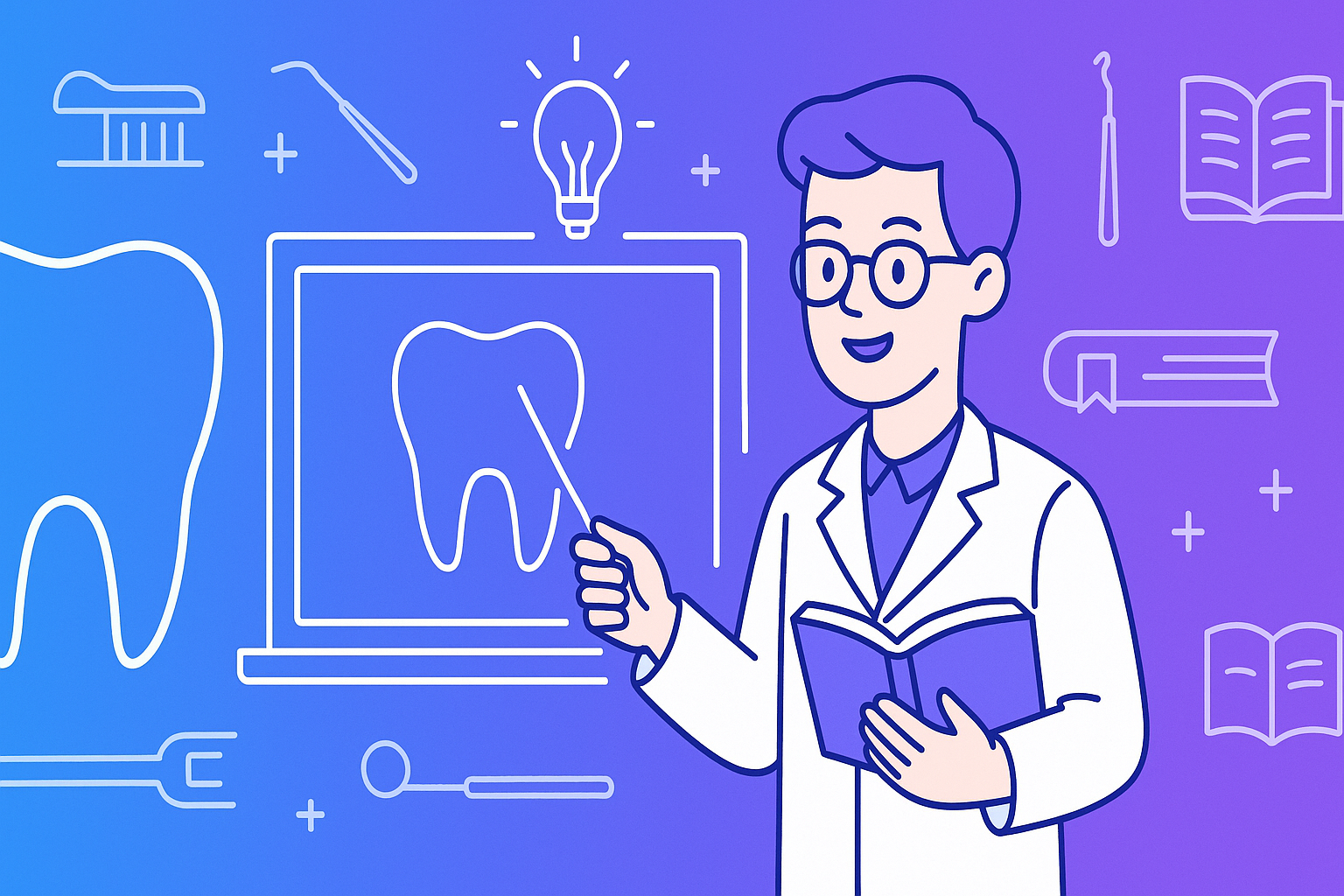 Dental specialist studying with DentoBoard - Educational illustration